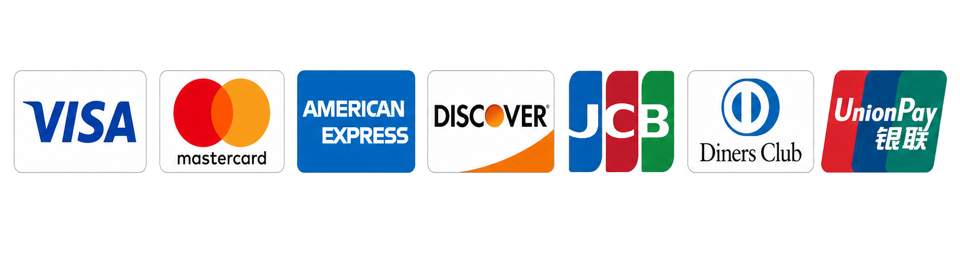 Visa, Mastercard, American Express, Discover, JCB, Diners Club, UnionPay